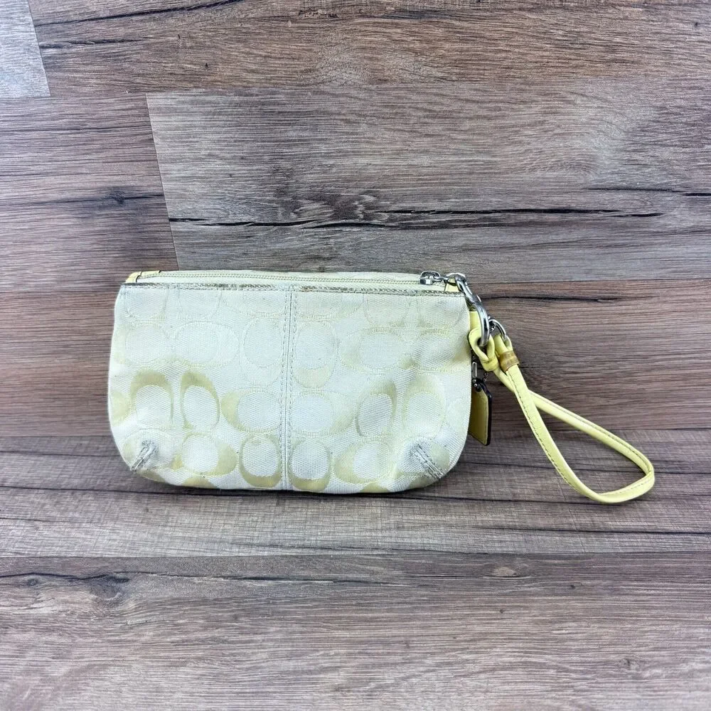 Coach Signature Yellow Canvas Leather Trim Turnlock Wristlet - Coin Wall…